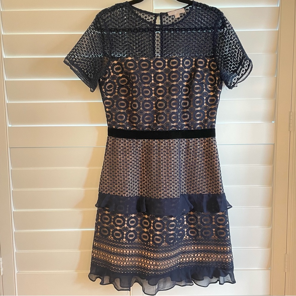 Chelsea 28 Lace Sheath Fit and Flare Cocktail Dress Navy Nude Size Medium